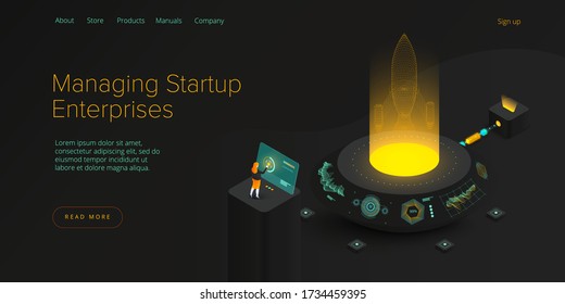 Startup coaching and mentorship concept in isometric vector illustration. Business start up team launching rocket with computer and server. Creative web banner layout template design.