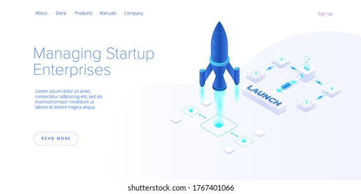 Startup Coaching And Mentorship Concept In Isometric Vector Illustration. Business Start Up Team Launching Rocket With Computer And Server. Creative Web Banner Layout Template Design.