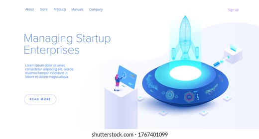 Startup Coaching And Mentorship Concept In Isometric Vector Illustration. Business Start Up Team Launching Rocket With Computer And Server. Creative Web Banner Layout Template Design.