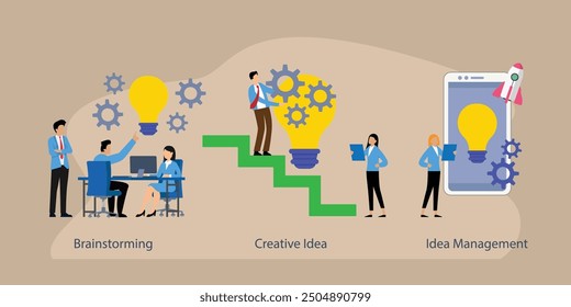 Startup collaboration, find solution, product development stage metaphor 2d flat vector illustration