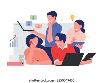 Startup colleagues work together. Business concept minimal illustration. Businessman and Businesswoman taking part in business activities. Teamwork in the office. Modern trendy concepts for web sites - Shutterstock ID 2250849455