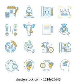 Startup color icons set. Project financing and budgeting. Business start and development. Investment. Profit growth. Crowdfunding, angel investor, venture capital. Isolated vector illustrations