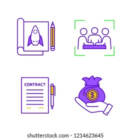 Startup color icons set. Prototype design, businessmen, contract, venture capital. Isolated vector illustrations