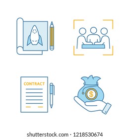 Startup color icons set. Prototype design, businessmen, contract, venture capital. Isolated vector illustrations