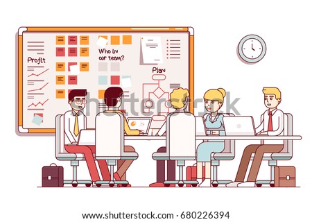 IT startup company boardroom executive planning meeting. Interior with SCRUM wall white board, table, laptops. Business people talking in conference room. Flat style thin line vector illustration.