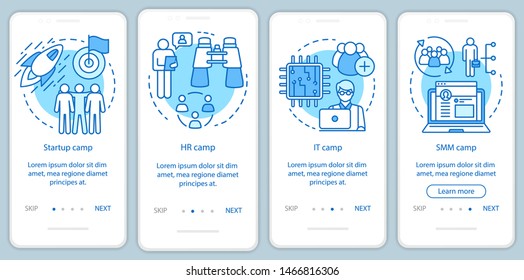 Startup, company camps onboarding mobile app page screen with linear concepts. Team building, HR training walkthrough steps graphic instructions. UX, UI, GUI vector template with illustrations