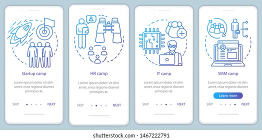 Startup, company camps onboarding mobile app page screen vector template. Team building, HR training. Walkthrough website steps with linear illustrations. UX, UI, GUI smartphone interface concept