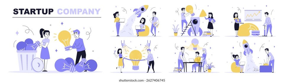 Startup company concept set in flat web design. Collection with people brainstorming, find best idea, investing in new project, launch rocket. Flat vector illustration isolated on white background.