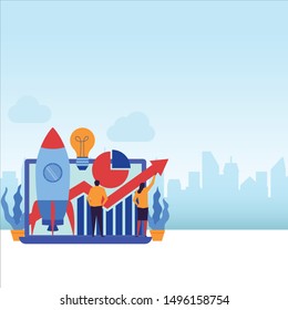 Startup company flat vector concept couple see histogram and set it. Illustration For Wallpaper, Banner, Background, Infographic, Book Illustration, And Web Landing Page.