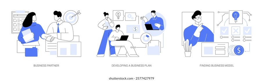 Startup company isolated cartoon vector illustrations set. Business partners cooperation, finding co-founder, developing a business plan, finding organization model, create strategy vector cartoon.