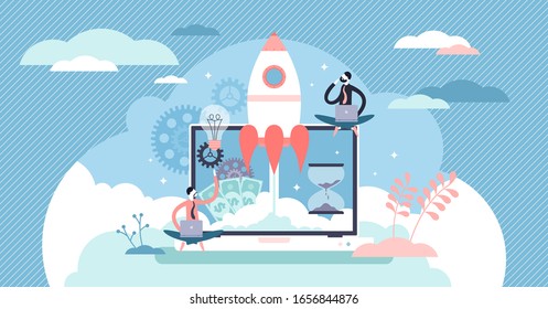Startup company launch concept, flat tiny person vector illustration. Seed investment stage growth strategy. Tech innovation vision and online business development. Success rocket symbol with a team.