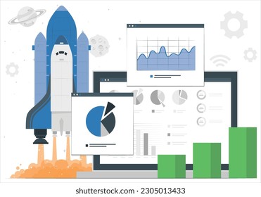 Startup company launch concept, flat tiny person vector illustration. Seed investment stage growth strategy. Tech innovation vision and online business development. Success rocket symbol with a team.
