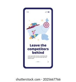 Startup company onboarding page design with business people flying on rocket toward target, flat cartoon vector illustration. Business competition and way to success.