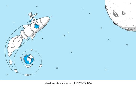 Startup company rocket launch concept. Man flying on rocket to the moon. Modern illustration in linear style.