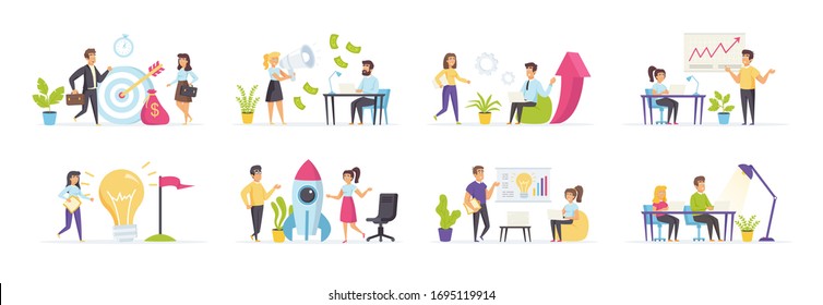 Startup company set with people characters in various scenes creator kit and situations. Startup project management and strategy planning. Bundle of business people teamwork in flat style.