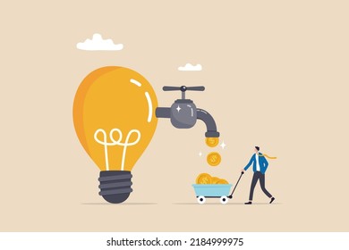 Startup company start generate revenue or income, business idea to make money, gain profit or create sales concept, businessman get money from revenue faucet flowing from lightbulb idea.