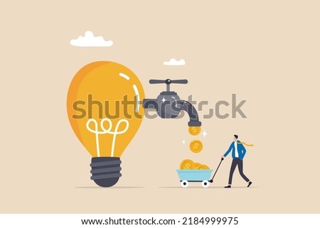 Startup company start generate revenue or income, business idea to make money, gain profit or create sales concept, businessman get money from revenue faucet flowing from lightbulb idea.