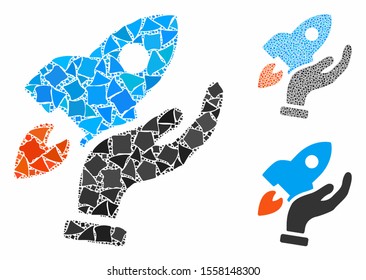 Startup composition of rough elements in variable sizes and shades, based on startup icon. Vector inequal elements are organized into collage. Startup icons collage with dotted pattern.