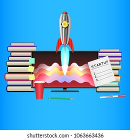 startup, computer, books, pensil, marker, rocket on blue background, flat plus gradient design.  Vector illustration
