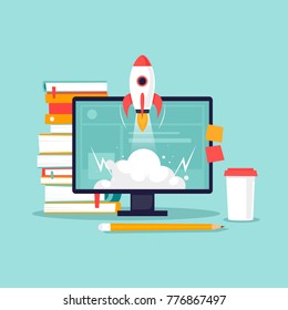 Start-up, computer, books, rocket. Flat design vector illustration.