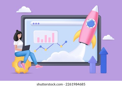 Startup concept 3D illustration. Icon composition with businesswoman developing new business, analyzing data and charts, growth arrows on computer screen. Vector illustration for modern web design