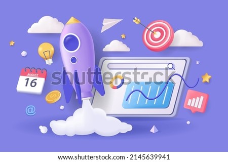 Startup concept 3D illustration. Icon composition with data statistics at dashboard, flying rocket, target and calendar. Brainstorm and develop business. Vector illustration for modern web design