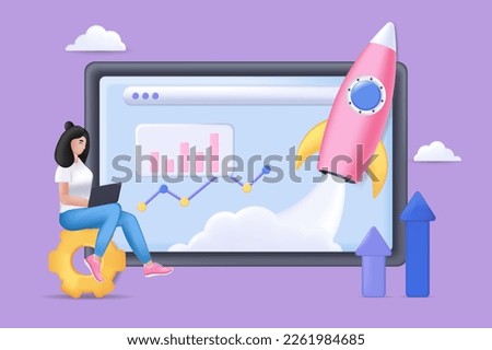 Startup concept 3D illustration. Icon composition with businesswoman developing new business, analyzing data and charts, growth arrows on computer screen. Vector illustration for modern web design