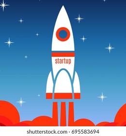 Startup concept background with spaceship. Startup business rocket, vector illustration