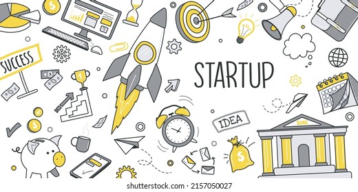 Startup concept for banner design with flat line doodle pattern. Hand drawing texture with rocket, investment, marketing, management, piggy bank, company, strategy, target. Vector illustration for web