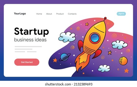 Startup concept banner with a rocket, clouds, planets and other business growth metaphors. Vector illustration banner for landing and web