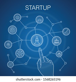 Startup concept, blue background. Crowdfunding, Business Launch, Motivation, Product development icons