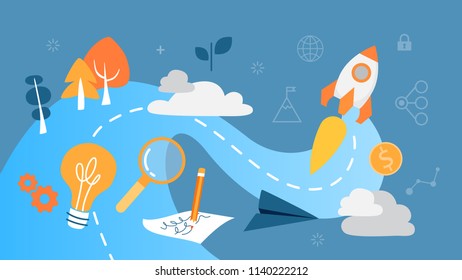 Startup concept. Business development. Testing and marketing idea. Creative thinking. Set of business, financial and promotion icons. Isolated flat vector illustration