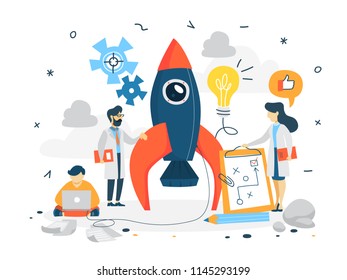 Startup concept. Business development. Testing and marketing idea. Creative thinking. Set of business, financial and promotion icons. Isolated flat vector illustration