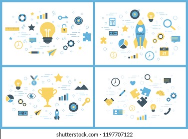 Startup concept. Business development. Testing and marketing idea. Creative thinking. Set of business, financial and promotion icons. Isolated flat vector illustration