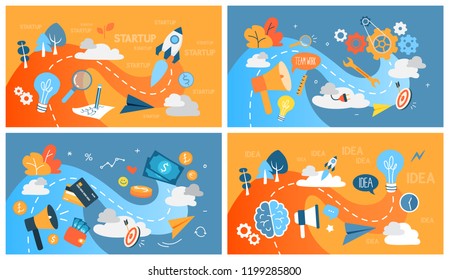 Startup concept. Business development. Testing and marketing idea. Creative thinking. Launch the business. Isolated flat vector illustration