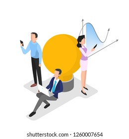Startup concept. Business development. Testing and marketing idea. Creative thinking. Isolated isometric vector illustration