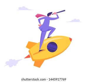 Startup Concept with Businessman Character Looking Through Spyglass Flying on Rocket. New Business Project Launching, Successful Start Up. Innovation Idea Research. Cartoon Flat Vector Illustration
