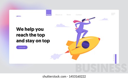 Startup Concept, Businessman Looking Through Spyglass Flying on Rocket. New Business Project Launch, Innovation Idea Research Website Landing Page, Web Page. Cartoon Flat Vector Illustration, Banner