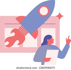 Startup concept. Businesswoman with rocket. Vector illustration in a flat style