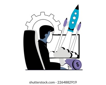 Startup concept with character situation. Man develops plan and strategy, creates and launches success business, optimizes and improves. Vector illustration with people scene in flat design for web