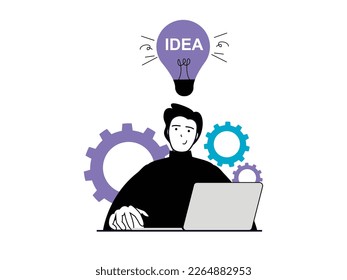 Startup concept with character situation. Man generates ideas and solutions for starting new business and working on project on laptop. Vector illustration with people scene in flat design for web