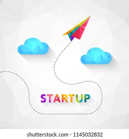 Startup concept with colorful paper aeroplane in low poly design. Abstract polygonal vector illustration.