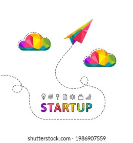 Startup concept with colorful paper airplane in low poly design. Start up, project and related icons. Dotted line as process and road to success symbol. Abstract polygonal vector illustration.