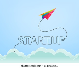 Startup concept with colorful paper plane in low poly design rising through the sky and above the clouds. Trail line spells the word itself. Abstract and creative vector illustration.