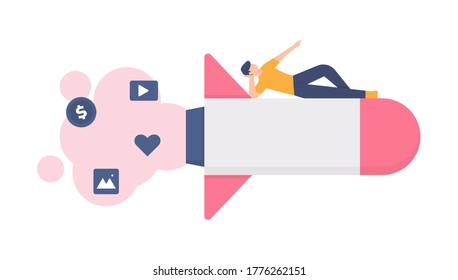 startup concept, digital marketing launch. illustration of people relaxing on a rocket or missile. flat design. can be used for elements, landing pages, UI, websites
