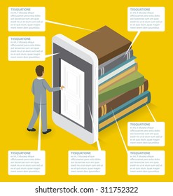 Startup Concept. Door to the knowledge. Vector 3d flat isometric with businessman is opening the door to big business