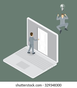 Startup Concept. Door to the knowledge. Vector 3d flat isometric with businessman is opening the door to big business
