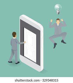 Startup Concept. Door to the knowledge. Vector 3d flat isometric with businessman is opening the door to big business