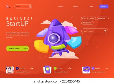 Startup-Konzept im flachen Cartoon-Design für das Layout der Homepage. Investitionen in die Entwicklung neuer Unternehmen und Projekte, Visionen und ehrgeizige Errungenschaften. Vektorgrafik für Landing-Page und Webbanner