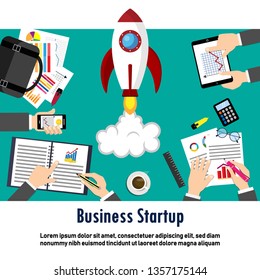 Startup concept. Flat design.People at work. Human hands on a table with documents, graphs, charts,phone, calculator. vector illustration design.